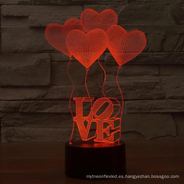 3D Illusion 4 Love Heart Balloons Night Light, USB 7 colores Change Touch Table escritorio dormitorio LED lámpara para las niñas del regalo del amante